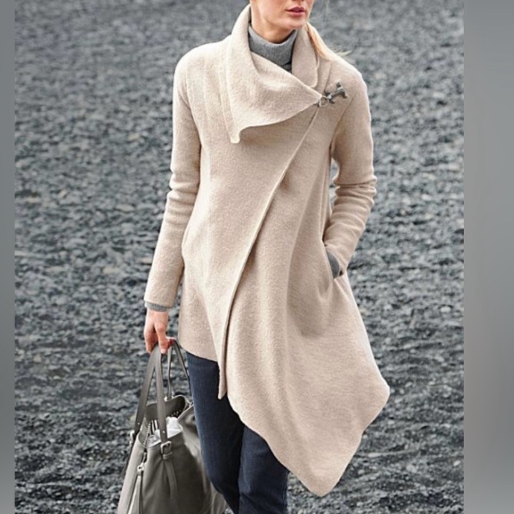 Garnet Hill Asymmetrical Boiled Wool Coat Beige 10